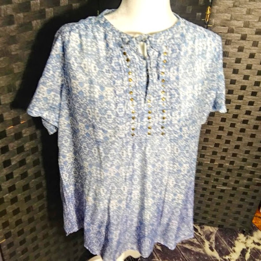 BOCA BAY WOMEN L, FLORAL, KEYHOLE TIE NECKLINE TOP